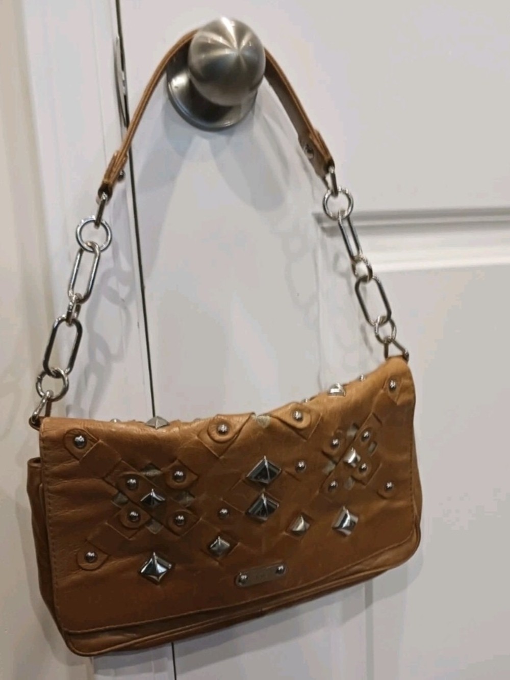 Rafe Tan Studded Shoulder Bag with Chain-Link Strap